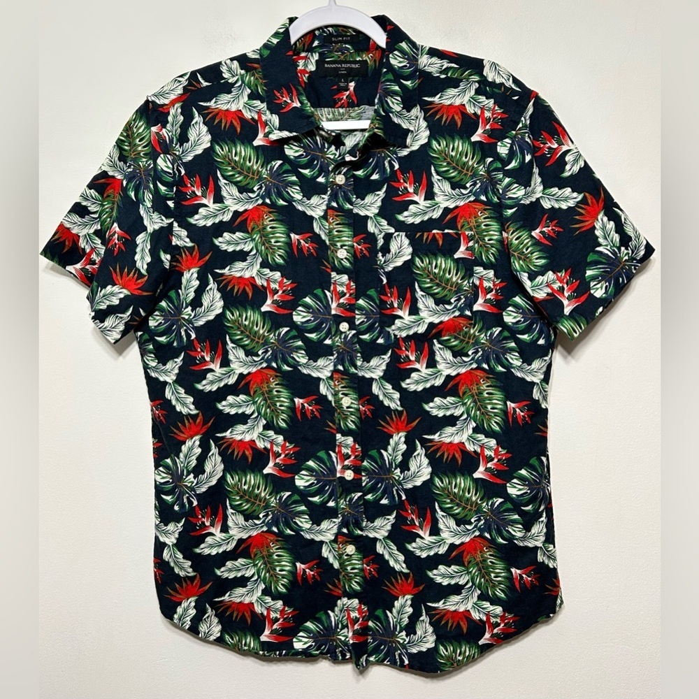 Banana Republic Factory Linen Blend Hawaiian Tropical Floral Button Up S…